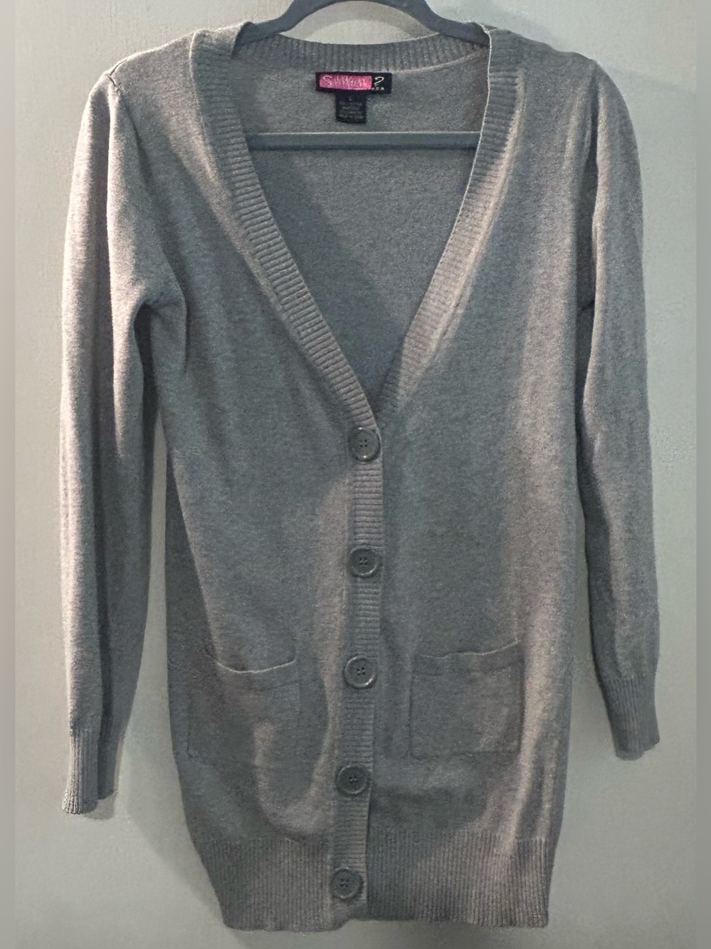 Say What? U.S.A. Light Gray Long Button-Front V-Neck Cardigan Junior Size L